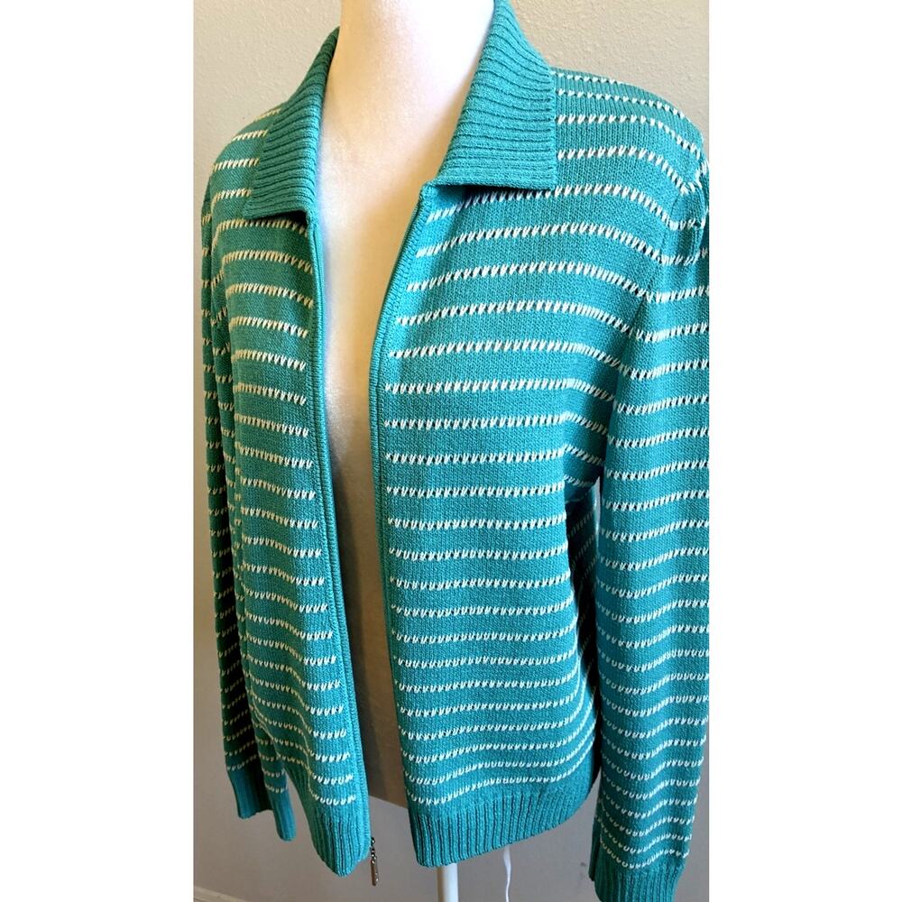 St. John Turquoise Striped Sweater Crochet wool zip up Jacket Coastal USA S/M